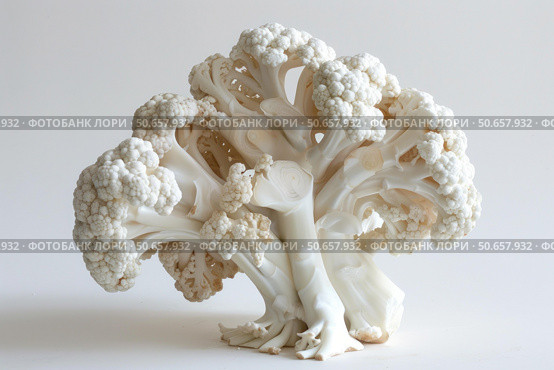 Cauliflower standing up on white background showing its stems and florets. Стоковое AI-изображение, AI-художник Иван Рябоконь / Фотобанк Лори