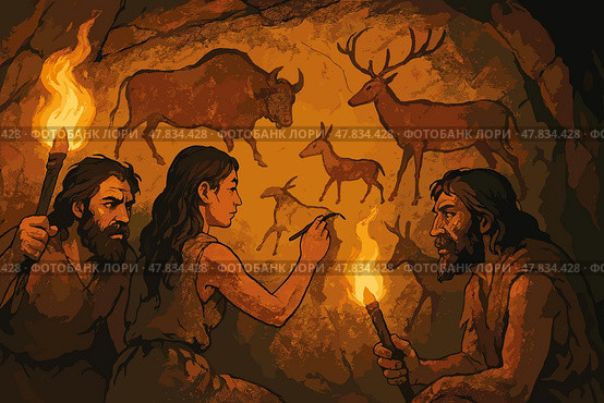 Cave dwellers painting animals on rock walls by torchlight. Стоковое AI-изображение, AI-художник Максим Гребешков / Фотобанк Лори