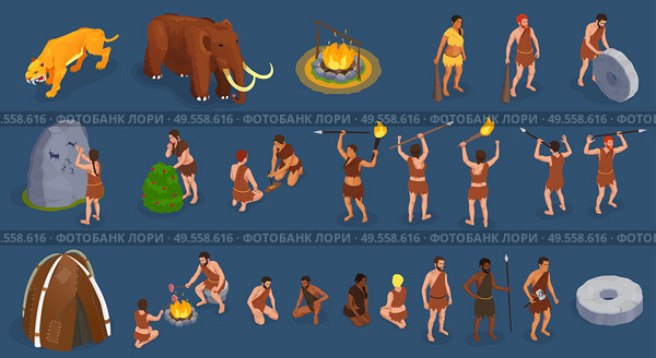 Caveman prehistoric primitive people set of isolated human characters armed with pikes wild animals and bonfire vector illustration. Primitive People Isometric Set. Стоковая иллюстрация, агентство Ingram Publishing / Фотобанк Лори