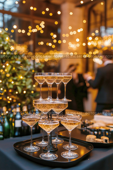 Celebrate With Sparkling Wine and Festive Treats During Winter Gatherings in a Cozy Setting. Стоковое AI-изображение, AI-художник Юлия Гапеенко / Фотобанк Лори