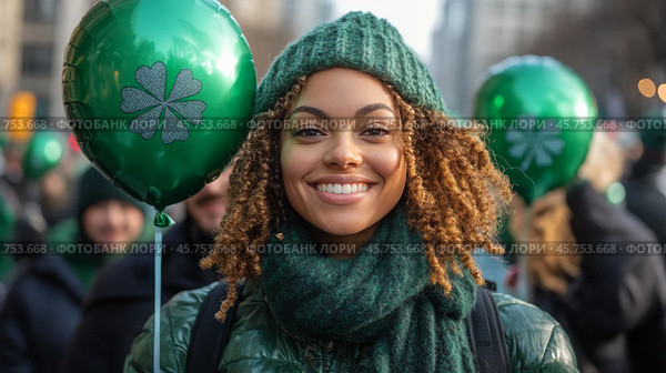 Celebrating St Patricks Day with green balloons in a lively city parade. Стоковое AI-изображение, AI-художник Юлия Гапеенко / Фотобанк Лори