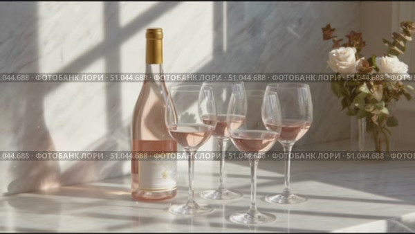 Celebrating with rose wine and elegant glasses in a sunlit kitchen setting. Стоковое AI-видео, аниматор Сергей Толмачёв / Фотобанк Лори
