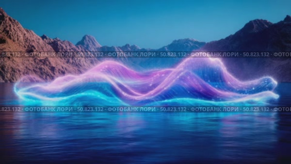 Celestial Currents: An ethereal energy wave flows across still water, embraced by distant mountain ridges. Стоковое AI-видео, аниматор Данила Большаков / Фотобанк Лори