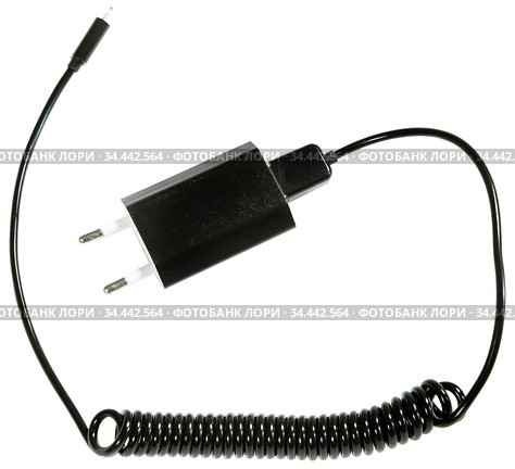 Cellphone wire charger, European adaptor isolated on white background. Стоковое фото, фотограф Кекяляйнен Андрей / Фотобанк Лори