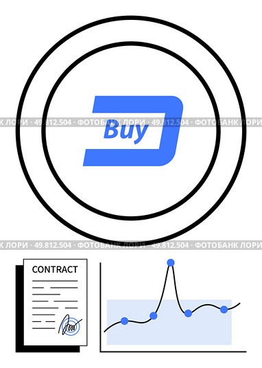 Central blue buy button inside concentric circles, contract icon with pen, graph with data points. Ideal for finance, investment, market trends, business decisions, stock analysis, buying strategies. Navigating Market Transactions with Contractual Agreements and Trend Analysis. Стоковая иллюстрация, агентство Ingram Publishing / Фотобанк Лори