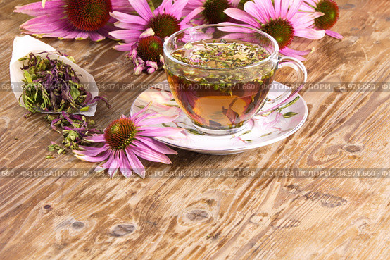 Чайный напиток  с эхинацеей пурпурной (Echinacea purpurea) сушеной,применяется в народной медицине как противовирусное. Стоковое фото, фотограф Наталия Кузнецова / Фотобанк Лори