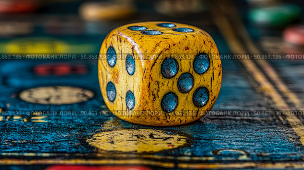Chance encounter: A yellow die with blue dots rests on a blue board, suggesting games, gambling, and the roll of fate. Стоковое AI-изображение, AI-художник Данила Большаков / Фотобанк Лори