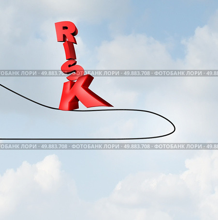 Changing risk direction business concept with a three dimensional text walking on a tightrope high wire up in the sky that has changed direction as a balance metaphor for challenges and stress on the path to investment strategy. Стоковое фото, агентство Ingram Publishing / Фотобанк Лори