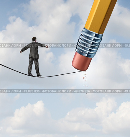 Changing strategy business concept with a businessman walking on a high wire tight rope that is being erased by a pencil eraser as an icon of conquering new adversity and challenges. Стоковое фото, агентство Ingram Publishing / Фотобанк Лори