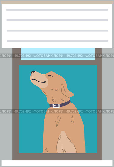Character dog looking out opened window with jalousie, cartoon illustration, doggy on balcony in apartment. Pet is waiting for its owner at home, looking outside, breathing fresh air, happy pooch. Character dog looking out opened window with jalousie, cartoon illustration, doggy on balcony. Стоковая иллюстрация, агентство Ingram Publishing / Фотобанк Лори