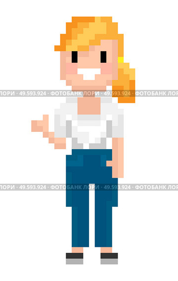 Character of 8 bit game vector, isolated woman pixel personage with ponytail and smile on face, smiling blond lady, flat style design of female person. Cheerful Blond Woman Pixel Character 8 Bit Art. Стоковая иллюстрация, агентство Ingram Publishing / Фотобанк Лори