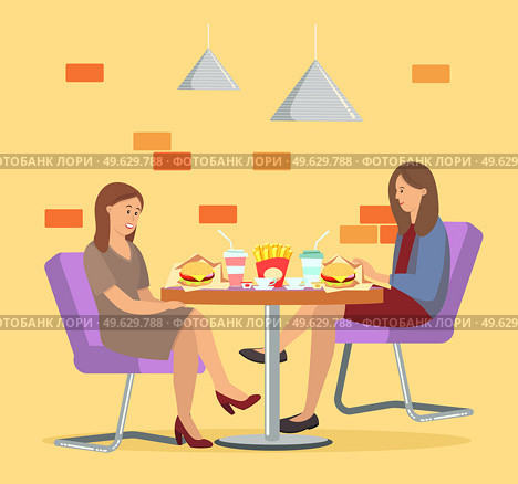 Characters eating fast food together. People sitting with burgers and cola in public catering. Girls spend time together and communicate in a cafe. Female friends are eating junk food outside. Characters eating fast food together. People sitting with burgers and cola in public catering. Стоковая иллюстрация, агентство Ingram Publishing / Фотобанк Лори
