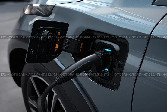 Charging an electric vehicle at a station during the day in a modern city. Зарядка электромобиля на станции в дневное время в современном городе. Стоковое AI-изображение, AI-художник Katsiaryna Repich / Фотобанк Лори