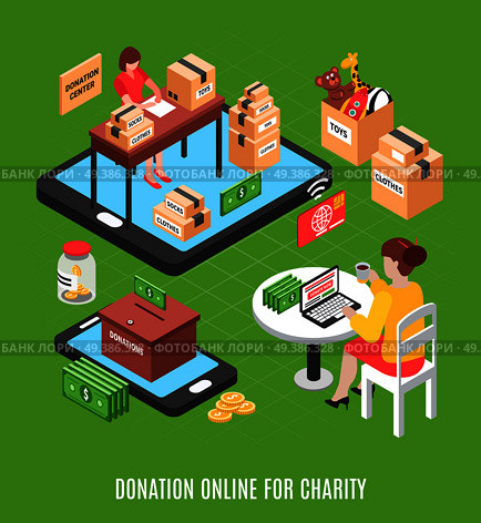 Charity isometric background with young woman making online voluntary donation  through charitable foundation vector illustration . Donation Online Isometric Background . Стоковая иллюстрация, агентство Ingram Publishing / Фотобанк Лори