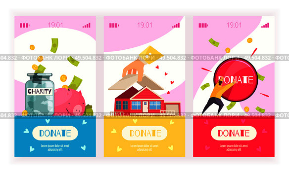 Charity vertical banners with clickable donate button mobile smartphone screen interface elements and doodle style images vector illustration. Стоковая иллюстрация, агентство Ingram Publishing / Фотобанк Лори