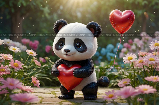 Charming panda chibi with huge sparkling eyes, clutching a heart-shaped balloon against the background of a bright flower garden, radiating joy. Стоковое AI-изображение, AI-художник Александр Поташев / Фотобанк Лори