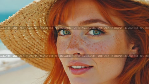 Charming red-haired female with freckles on sea beach. Beautiful smiling young woman in straw hat in summer by sea. Portrait, close-up. Стоковое AI-видео, аниматор Ирина / Фотобанк Лори
