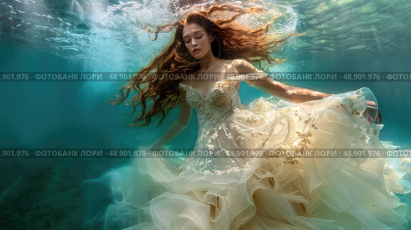 Charming woman in a white dress is submerged underwater, her clothing billowing around her as she floats in the depths of the sea. Стоковое AI-изображение, AI-художник Данила Большаков / Фотобанк Лори