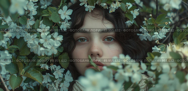 Charming woman is hiding and peeking out from behind a bush in a secretive manner. Стоковое AI-изображение, AI-художник Данила Большаков / Фотобанк Лори