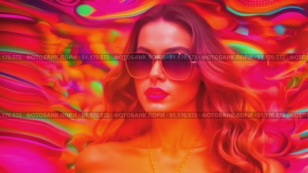 Charming woman stands confidently in front of a vibrant, colorful background, wearing stylish sunglasses. Стоковое AI-видео, аниматор Данила Большаков / Фотобанк Лори