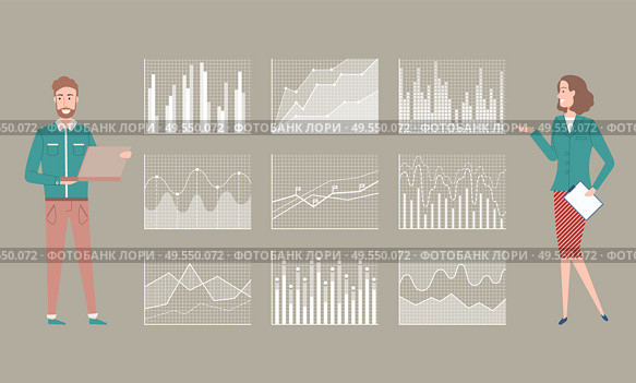 Charts representation of stats and info, woman and man with laptop programing and presenting infocharts, secretary lady with papers documents and info. Woman and Man Working in Team, Teamwork and Charts. Стоковая иллюстрация, агентство Ingram Publishing / Фотобанк Лори
