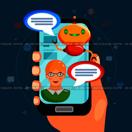 Chat bot flat composition with conversation between program and user on smart phone screen vector illustration . Chat Bot Flat Composition. Стоковая иллюстрация, агентство Ingram Publishing / Фотобанк Лори