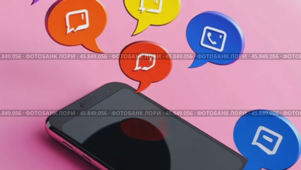Chat Bubbles Set Above a Mobile Phone Against a Vibrant Pink Background. Mobile Communication Concept. Smartphone with Colorful Chat Bubbles digital interaction and connectivity. Social network. Стоковое AI-видео, аниматор Марина Демидюк / Фотобанк Лори