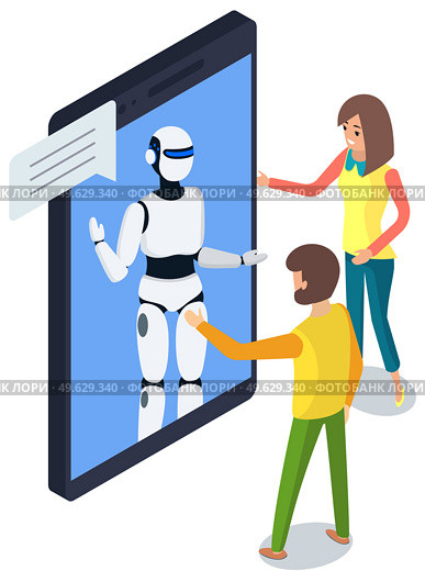 Chatbot concept support robot technology digital chat bot application on Smartphone screen isolated. Man and woman users communicating with virtual robot modern mobile app, humanoid assistant. Chatbot concept support robot technology digital chat bot application on Smartphone isolated. Стоковая иллюстрация, агентство Ingram Publishing / Фотобанк Лори