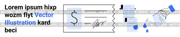 Check payment, signed document, hand pouring water on paper, text. Ideal for finance, banking, payment services, transactions, contractual agreements, financial planning, online forms. Landing page. Financial Management Concept with Check Payment, Document and Hand Pouring Water. Стоковая иллюстрация, агентство Ingram Publishing / Фотобанк Лори