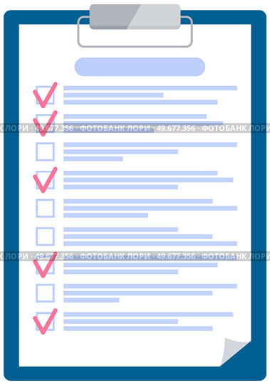 Checklist, daily plan with red tick marks on clipboard. To do list, questionnaire form, survey concept. Check sheet, scheduling timetable, planning schedule, time management vector illustration. Checklist, daily plan with red tick marks on clipboard. To do list, questionnaire, survey concept. Стоковая иллюстрация, агентство Ingram Publishing / Фотобанк Лори