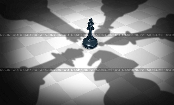 Checkmate business strategy concept as chess pieces as the king being surrounded by the queen knight rook and bishop piece on a chessboard game as a planning and leadership symbol as a 3D illustration. Стоковое фото, агентство Ingram Publishing / Фотобанк Лори