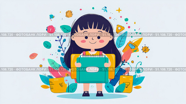 Cheerful cartoon girl with long dark hair holding teal notebook and yellow binder, surrounded by colorful abstract school supplies and whimsical leaves on bright background, symbolizing learning and c. Стоковое AI-изображение, AI-художник Данила Большаков / Фотобанк Лори