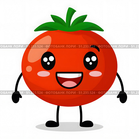 Cheerful cartoon tomato character with big eyes, smile, arms, and legs in a cute graphic style on a white background, concept of healthy food fun. Стоковое AI-изображение, AI-художник Александра Рублева / Фотобанк Лори