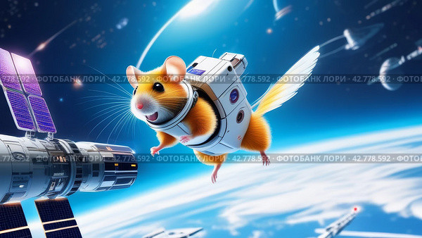Cheerful hamster in a space station, earth orbit backdrop. Стоковое AI-изображение, AI-художник Zakharova Natasha / Фотобанк Лори