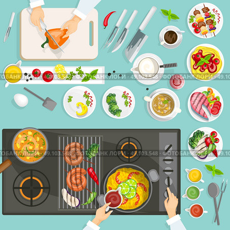 Chef Workplace Top View. Chef workplace top view with dishes and utensils cooker surface grill vector illustration . Стоковая иллюстрация, агентство Ingram Publishing / Фотобанк Лори
