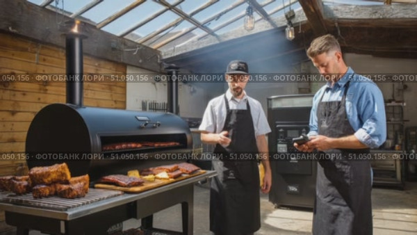Chefs monitoring barbecue temperature and smoke in restaurant kitchen. Стоковое AI-видео, аниматор Юрий Поздников / Фотобанк Лори