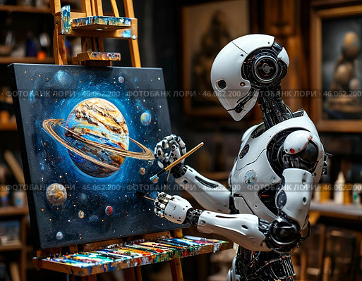 Человекоподобный робот рисует картину кистью. Стоковое AI-изображение, AI-художник Руслан Лесков / Фотобанк Лори