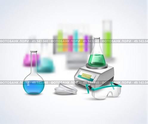 Chemical Eqiupment Composition. Laboratory equipment composition with tubes with liquids on scales glasses for experiments realistic flat vector illustration. Стоковая иллюстрация, агентство Ingram Publishing / Фотобанк Лори