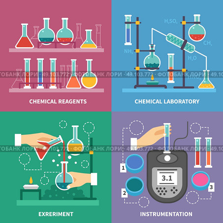 Chemical Laboratory Concept. Chemical laboratory concept with instrumentation glassware burners and fluids measurement experiments reactions with acids isolated vector illustration. Стоковая иллюстрация, агентство Ingram Publishing / Фотобанк Лори