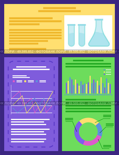 Chemical laboratory concept with instrumentation glassware, burners and fluids, infographic vector. Measurement experiments, reactions with acids and graphics. Chemistry lab beakers illustration. Flasks and Beakers, Infographics and Chemistry. Стоковая иллюстрация, агентство Ingram Publishing / Фотобанк Лори