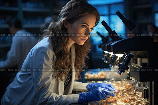 Chemical laboratory scene: attractive young PhD student scientist observing the blue indicator color shift in the glass tube. Стоковое AI-изображение, AI-художник Ирина Михайличенко / Фотобанк Лори