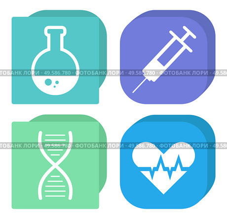 Chemistry and medicine icons, flask and syringe, DNA and heart vector. Pharmacy and lab experiments tools, genetics and vaccination. Cardiology and chemical tests, scientific research illustration. Flask and Syringe, DNA and Heart Isolated Icons. Стоковая иллюстрация, агентство Ingram Publishing / Фотобанк Лори