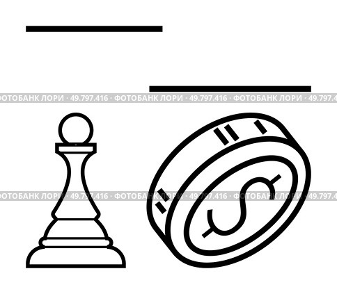 Chess pawn and coin with dollar sign, accompanied by horizontal lines. Ideal for strategy, finance, investment, planning, decision-making, economics business concepts. Line metaphor. Chess pawn and coin with dollar sign alongside parallel horizontal lines indicating strategy and finance. Стоковая иллюстрация, агентство Ingram Publishing / Фотобанк Лори