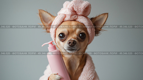 Chihuahua in pink towel and headband holding a mockup bottle of shampoo. Чихуахуа в розовом полотенце и повязке на голове держит макет флакона с шампунем. Стоковое AI-изображение, AI-художник Katsiaryna Repich / Фотобанк Лори