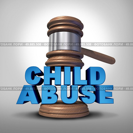 Child abuse concept and criminal abusive mistreatment of children symbol as a justice judge gavel or mallet coming down on the words that represent the criminal act of neglect and violence on kids. Стоковое фото, агентство Ingram Publishing / Фотобанк Лори