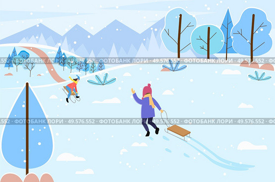 Child waving to mother. Kid pulling sledges walking to mom. People leading active lifestyle sloping downhill. Winter landscape with trees and mountains. Snowy hills and frost outdoors vector. Winter Landscape and Child with Sledges Outdoors. Стоковая иллюстрация, агентство Ingram Publishing / Фотобанк Лори