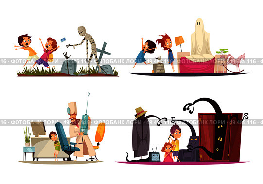 Childhood fears concept icons set with monsters and doctors symbols isolated vector illustration. Стоковая иллюстрация, агентство Ingram Publishing / Фотобанк Лори