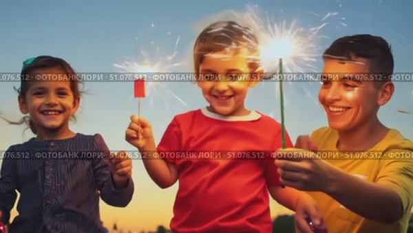 Children enjoy a joyful summer evening with sparklers and laughter during Independence Day festivities. Стоковое AI-видео, аниматор Данила Большаков / Фотобанк Лори