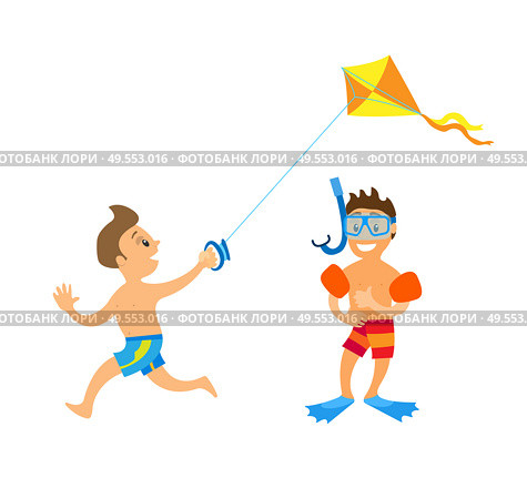 Children having fun at beach vector, boy running with kite and watching on paper object. Kiddo wearing special equipment for snorkelling and diving. Kids on Beach, Vacation of Children Boys Isolated. Стоковая иллюстрация, агентство Ingram Publishing / Фотобанк Лори