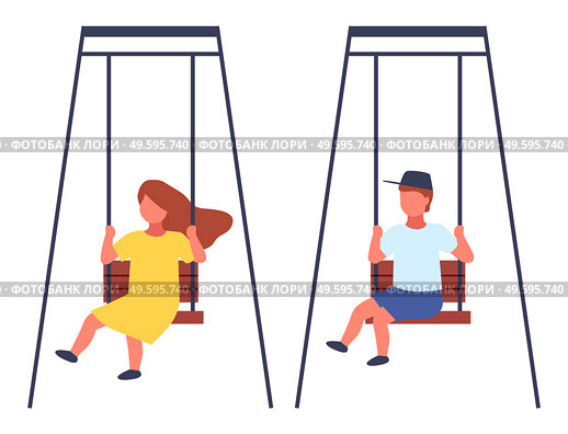 Children on a swing isolated on white. Happy cartoon kids playing in playground on the backyard. Children s summer playground with slide swings in modern kindergarten. Kids summer outdoor activities. Children s summer playground with slide swings in modern kindergarten. Kids summer outdoor activities. Стоковая иллюстрация, агентство Ingram Publishing / Фотобанк Лори
